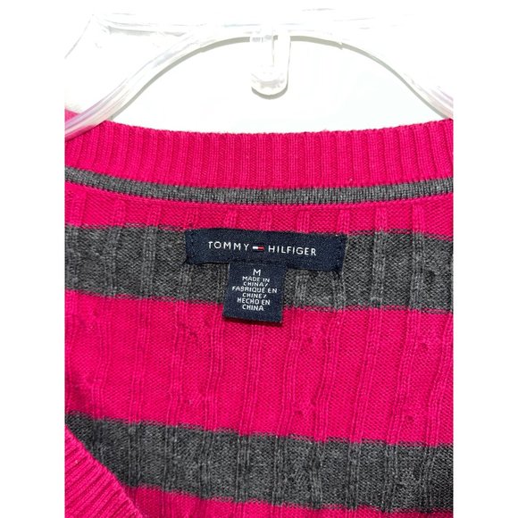 Tommy Hilfiger Women's Cable Knit Sweater Long Sleeve Magenta/Grey Strped Size M - Picture 5 of 6